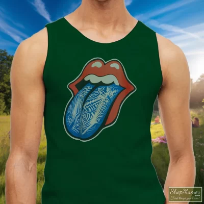 Men's The Rolling Stones Tongue And Lips Tank Top In Forest Green, Front View On Light Wood Background
