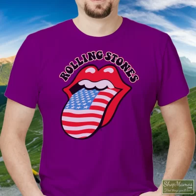 Men's The Rolling Stones Tongue Classic T Shirt In Purple, Front View On Light Wood Background