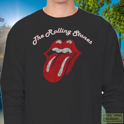The Rolling Stones Tongue Men’s Long Sleeve – Black Front View On Light Wood Background Men's The Rolling Stones Tongue Long Sleeve In Black, Front View On Light Wood Background