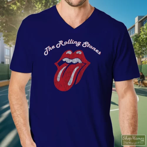 The Rolling Stones Tongue Men’s V Neck – Navy Front View On Light Wood Background Men's The Rolling Stones Tongue V Neck In Navy, Front View On Light Wood Background