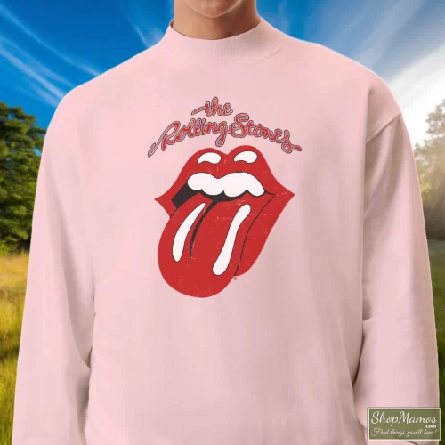 The Rolling Stones Tongue White Men’s Sweatshirt – Light Pink Front View On Dark Wood Background Men's The Rolling Stones Tongue White Sweatshirt In Light Pink, Front View On Dark Wood Background