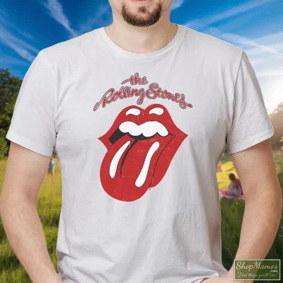 Men's The Rolling Stones Tongue White T Shirt In White, Front View On Dark Wood Background