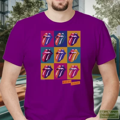 Men's The Rolling Stones Urban Jungle 1990 Eu Tour T Shirt In Purple, Front View On Light Wood Background