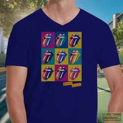 The Rolling Stones Urban Jungle 1990 Eu Tour Shirt 10 Men's The Rolling Stones Urban Jungle 1990 Eu Tour V Neck In Navy, Front View On Light Wood Background