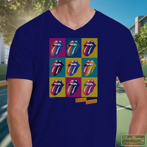 The Rolling Stones Urban Jungle 1990 Eu Tour Men’s V Neck – Navy Front View On Light Wood Background Men's The Rolling Stones Urban Jungle 1990 Eu Tour V Neck In Navy, Front View On Light Wood Background