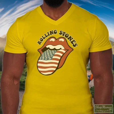 Men's The Rolling Stones Usa Flag For Men Women V Neck In Yellow, Front View On Dark Wood Background