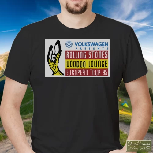 The Rolling Stones Voodoo Lounge 1995 Men’s T Shirt – Black Front View On Light Wood Background Men's The Rolling Stones Voodoo Lounge 1995 T Shirt In Black, Front View On Light Wood Background