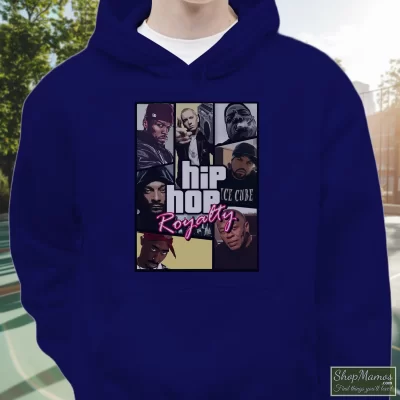 Men's Hip Hop Royalty Rap Gods Eminem Dr Dre 2 - Pac 50 Cent Snoop Dogg Ice Cube Nwa For Legends Fans Hoodie In Navy, Front View On Light Wood Background