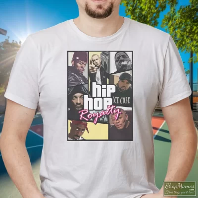 Men's Hip Hop Royalty Rap Gods Eminem Dr Dre 2 - Pac 50 Cent Snoop Dogg Ice Cube Nwa For Legends Fans T Shirt In White, Front View On Dark Wood Background