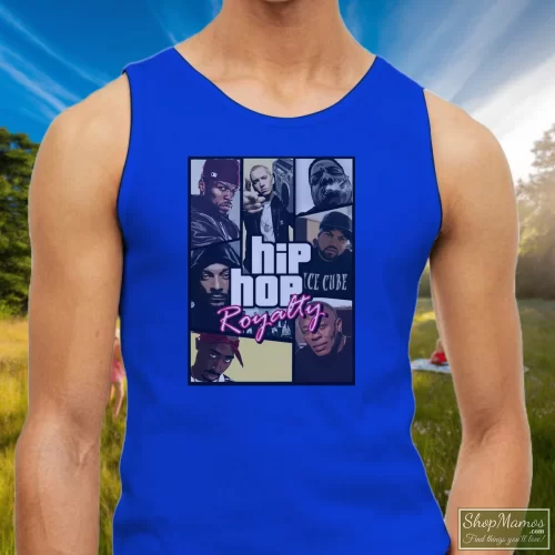 Hip Hop Royalty Rap Gods Eminem Dr Dre 2 – Pac 50 Cent Snoop Dogg Ice Cube Nwa For Legends Fans Men’s Tank Top – Royal Blue Front View On Light Wood Background Men's Hip Hop Royalty Rap Gods Eminem Dr Dre 2 - Pac 50 Cent Snoop Dogg Ice Cube Nwa For Legends Fans Tank Top In Royal Blue, Front View On Light Wood Background