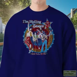Thrashed Original 1981 The Rolling Stones Tatoo You Tour Shirt 8 Men's Thrashed Original 1981 The Rolling Stones Tatoo You Tour Sweatshirt In Navy, Front View On Light Wood Background