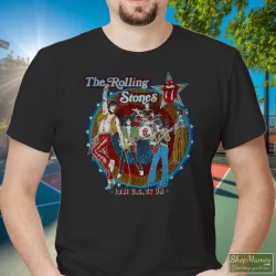 Thrashed Original 1981 The Rolling Stones Tatoo You Tour Shirt 4 Men's Thrashed Original 1981 The Rolling Stones Tatoo You Tour T Shirt In Black, Front View On Light Wood Background