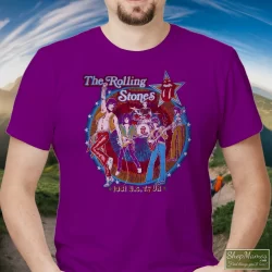 Thrashed Original 1981 The Rolling Stones Tatoo You Tour Shirt 5 Men's Thrashed Original 1981 The Rolling Stones Tatoo You Tour T Shirt In Purple, Front View On Light Wood Background