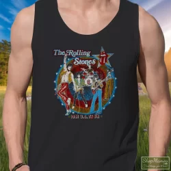 Thrashed Original 1981 The Rolling Stones Tatoo You Tour Shirt 6 Men's Thrashed Original 1981 The Rolling Stones Tatoo You Tour Tank Top In Black, Front View On Light Wood Background