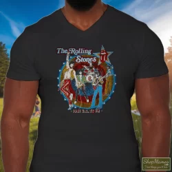 Thrashed Original 1981 The Rolling Stones Tatoo You Tour Shirt 3 Men's Thrashed Original 1981 The Rolling Stones Tatoo You Tour V Neck In Black, Front View On Light Wood Background
