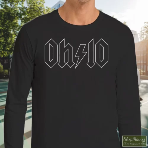 Thunderstruck Ohio ACDC Rock Men’s Long Sleeve – Black Front View On Light Wood Background Men's Thunderstruck Ohio ACDC Rock Long Sleeve In Black, Front View On Light Wood Background