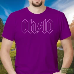 Thunderstruck Ohio ACDC Rock Shirt 8 Men's Thunderstruck Ohio ACDC Rock T Shirt In Purple, Front View On Light Wood Background