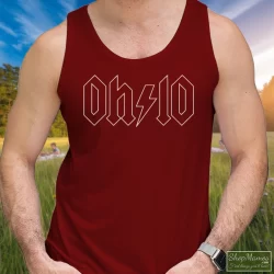 Thunderstruck Ohio ACDC Rock Shirt 6 Men's Thunderstruck Ohio ACDC Rock Tank Top In Maroon, Front View On Light Wood Background