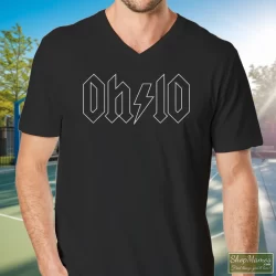 Thunderstruck Ohio ACDC Rock Shirt 2 Men's Thunderstruck Ohio ACDC Rock V Neck In Black, Front View On Light Wood Background