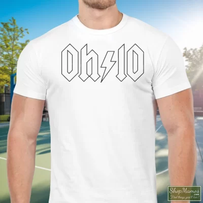 Men's Thunderstruck Ohio Classic ACDC Rock T Shirt In White, Front View On Dark Wood Background