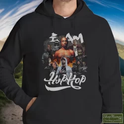 I Am Hip Hop Legends Rappers Signatures Shirt Tupac Shakur Nipsey Hussle Ice Cube Notorious Big Jay-z Eminem Snoop Dogg 7 Men's I Am Hip Hop Legends Rappers Signatures Tupac Shakur Nipsey Hussle Ice Cube Notorious Big Jay - Z Eminem Snoop Dogg Hoodie In Black, Front View On Light Wood Background