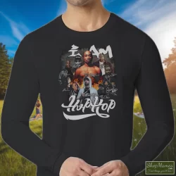 I Am Hip Hop Legends Rappers Signatures Shirt Tupac Shakur Nipsey Hussle Ice Cube Notorious Big Jay-z Eminem Snoop Dogg 9 Men's I Am Hip Hop Legends Rappers Signatures Tupac Shakur Nipsey Hussle Ice Cube Notorious Big Jay - Z Eminem Snoop Dogg Long Sleeve In Black, Front View On Light Wood Background