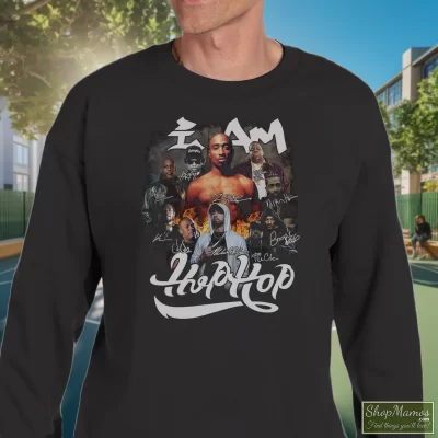 Men's I Am Hip Hop Legends Rappers Signatures Tupac Shakur Nipsey Hussle Ice Cube Notorious Big Jay - Z Eminem Snoop Dogg Sweatshirt In Black, Front View On Light Wood Background