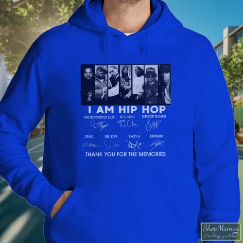 I Am Hip Hop Thank You For The Memories Snoop Dogg Men’s Hoodie – Royal Blue Front View On Light Wood Background Men's I Am Hip Hop Thank You For The Memories Snoop Dogg Hoodie In Royal Blue, Front View On Light Wood Background