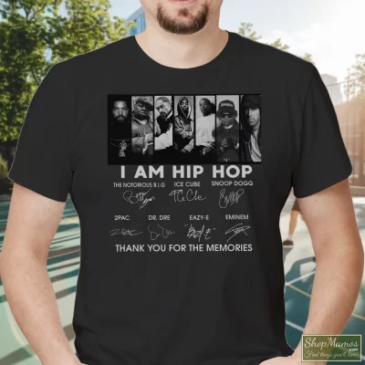 Men's I Am Hip Hop Thank You For The Memories Snoop Dogg T Shirt In Black, Front View On Light Wood Background