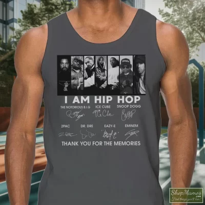 Men's I Am Hip Hop Thank You For The Memories Snoop Dogg Tank Top In Charcoal, Front View On Dark Wood Background