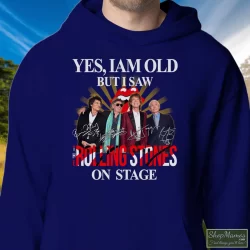 I Am Old But I Saw Rolling Stones On Stage Shirt 3 Men's I Am Old But I Saw Rolling Stones On Stage Hoodie In Navy, Front View On Light Wood Background