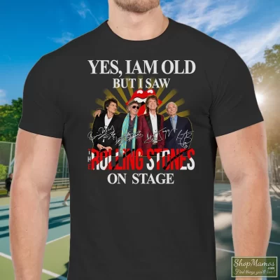 Men's I Am Old But I Saw Rolling Stones On Stage T Shirt In Black, Front View On Light Wood Background