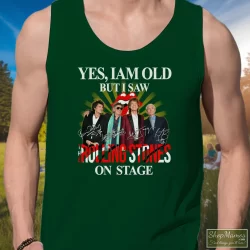 I Am Old But I Saw Rolling Stones On Stage Shirt 8 Men's I Am Old But I Saw Rolling Stones On Stage Tank Top In Forest Green, Front View On Light Wood Background