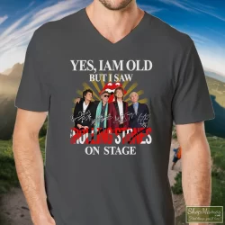I Am Old But I Saw Rolling Stones On Stage Shirt 6 Men's I Am Old But I Saw Rolling Stones On Stage V Neck In Charcoal, Front View On Dark Wood Background