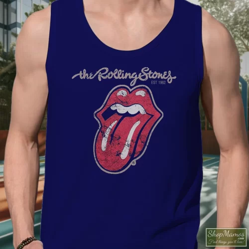 Japan 1880 Rolling Stones Fan Logo Men’s Tank Top – Navy Front View On Light Wood Background Men's Japan 1880 Rolling Stones Fan Logo Tank Top In Navy, Front View On Light Wood Background