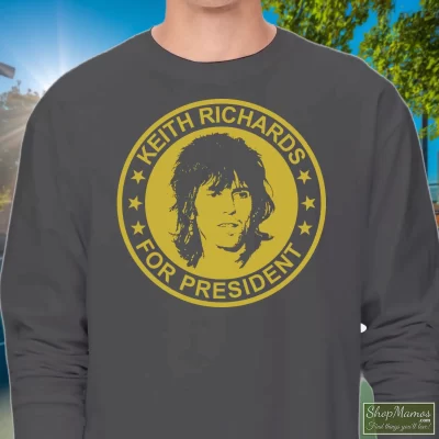 Men's Keith Richards For President The Rolling Stones Long Sleeve In Charcoal, Front View On Dark Wood Background