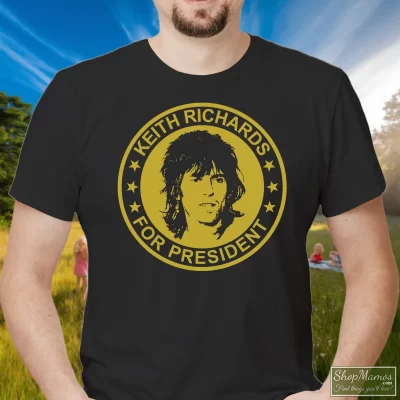 Men's Keith Richards For President The Rolling Stones T Shirt In Black, Front View On Light Wood Background
