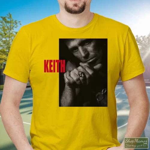 Keith Richards Rolling Stones Tour 88 Rock Men’s T Shirt – Yellow Front View On Dark Wood Background Men's Keith Richards Rolling Stones Tour 88 Rock T Shirt In Yellow, Front View On Dark Wood Background