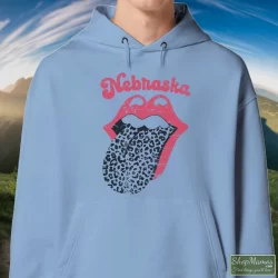 Leopard Tongue Rolling Stones Style Nebraska Huskers Shirt White 10 Men's Leopard Tongue Rolling Stones Style Nebraska Huskers White Hoodie In Light Blue, Front View On Dark Wood Background