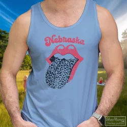 Leopard Tongue Rolling Stones Style Nebraska Huskers Shirt White 9 Men's Leopard Tongue Rolling Stones Style Nebraska Huskers White Tank Top In Light Blue, Front View On Dark Wood Background