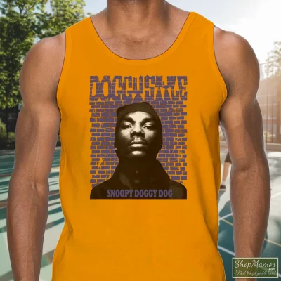 Men's Madeworn Distressed Snoop Dogg Doggystyle Tank Top In Orange, Front View On Dark Wood Background