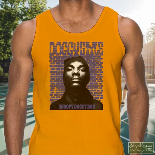 Madeworn Distressed Snoop Dogg Doggystyle Men’s Tank Top – Orange Front View On Dark Wood Background Men's Madeworn Distressed Snoop Dogg Doggystyle Tank Top In Orange, Front View On Dark Wood Background