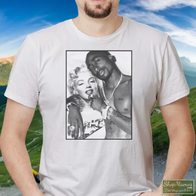 Men's Marilyn Monroe 2pac Tupac Shakur T Shirt In White, Front View On Dark Wood Background