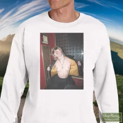 Miley Cyrus Rolling Stones Magazine Plastic Hearts Rock Shirt 5 Men's Miley Cyrus Rolling Stones Magazine Plastic Hearts Rock Sweatshirt In White, Front View On Dark Wood Background