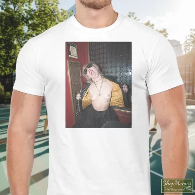 Men's Miley Cyrus Rolling Stones Magazine Plastic Hearts Rock T Shirt In White, Front View On Dark Wood Background