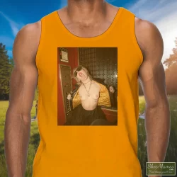 Miley Cyrus Rolling Stones Magazine Plastic Hearts Rock Shirt 6 Men's Miley Cyrus Rolling Stones Magazine Plastic Hearts Rock Tank Top In Orange, Front View On Dark Wood Background