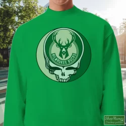 Milwaukee Bucks Basketball Grateful Dead Steal Your Face T-Shirt 2 Men's Milwaukee Bucks Basketball Grateful Dead Steal Your Face Sweatshirt In Irish Green, Front View On Light Wood Background