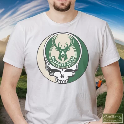 Men's Milwaukee Bucks Basketball Grateful Dead Steal Your Face T Shirt In White, Front View On Dark Wood Background