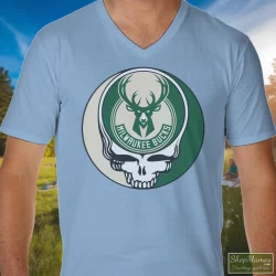 Milwaukee Bucks Basketball Grateful Dead Steal Your Face T-Shirt 7 Men's Milwaukee Bucks Basketball Grateful Dead Steal Your Face V Neck In Light Blue, Front View On Dark Wood Background