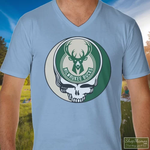 Milwaukee Bucks Basketball Grateful Dead Steal Your Face Men’s V Neck – Light Blue Front View On Dark Wood Background Men's Milwaukee Bucks Basketball Grateful Dead Steal Your Face V Neck In Light Blue, Front View On Dark Wood Background